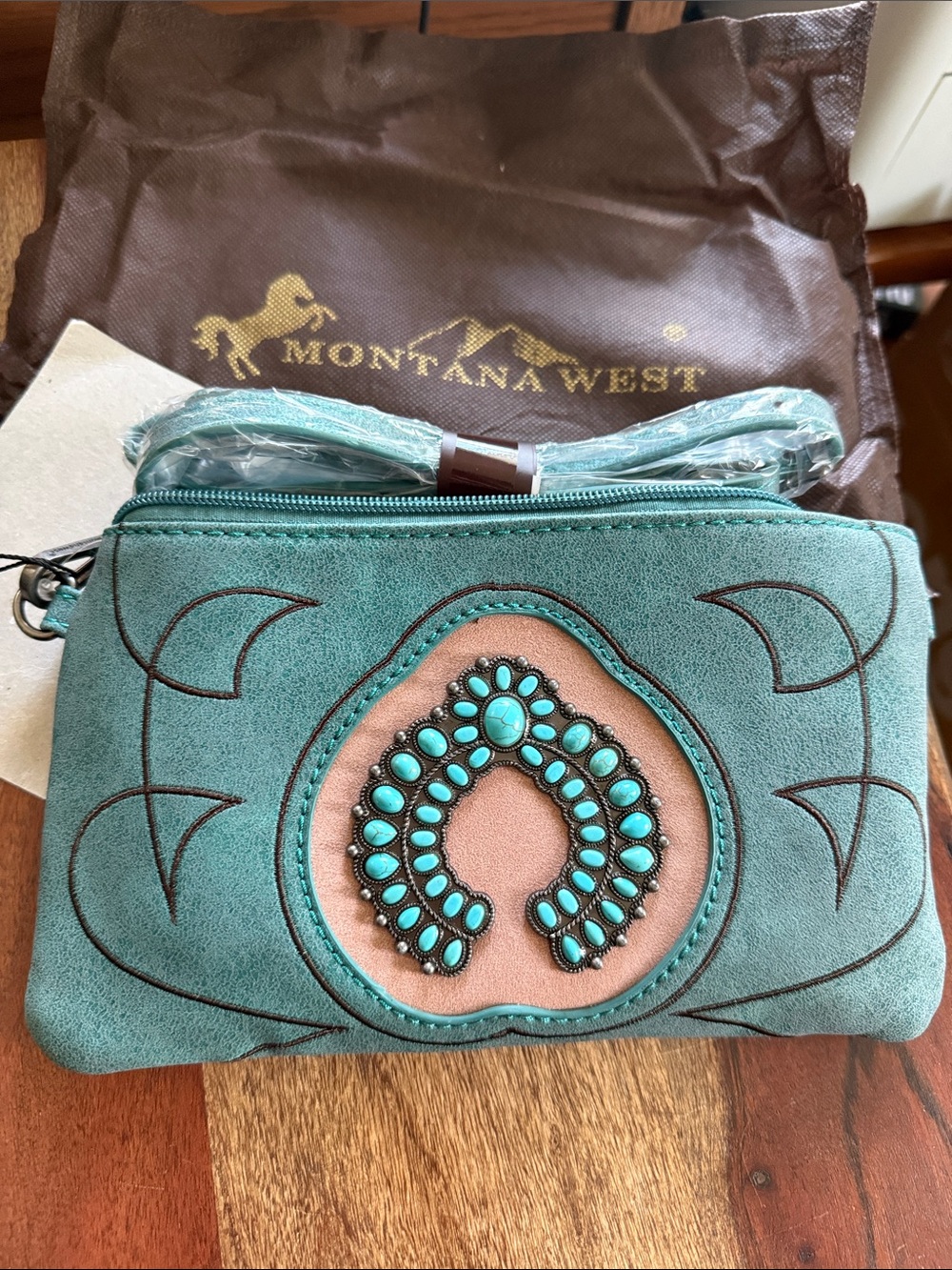 Montana West Turquoise and Tan Women's Crossbody Bag with Beaded Concho